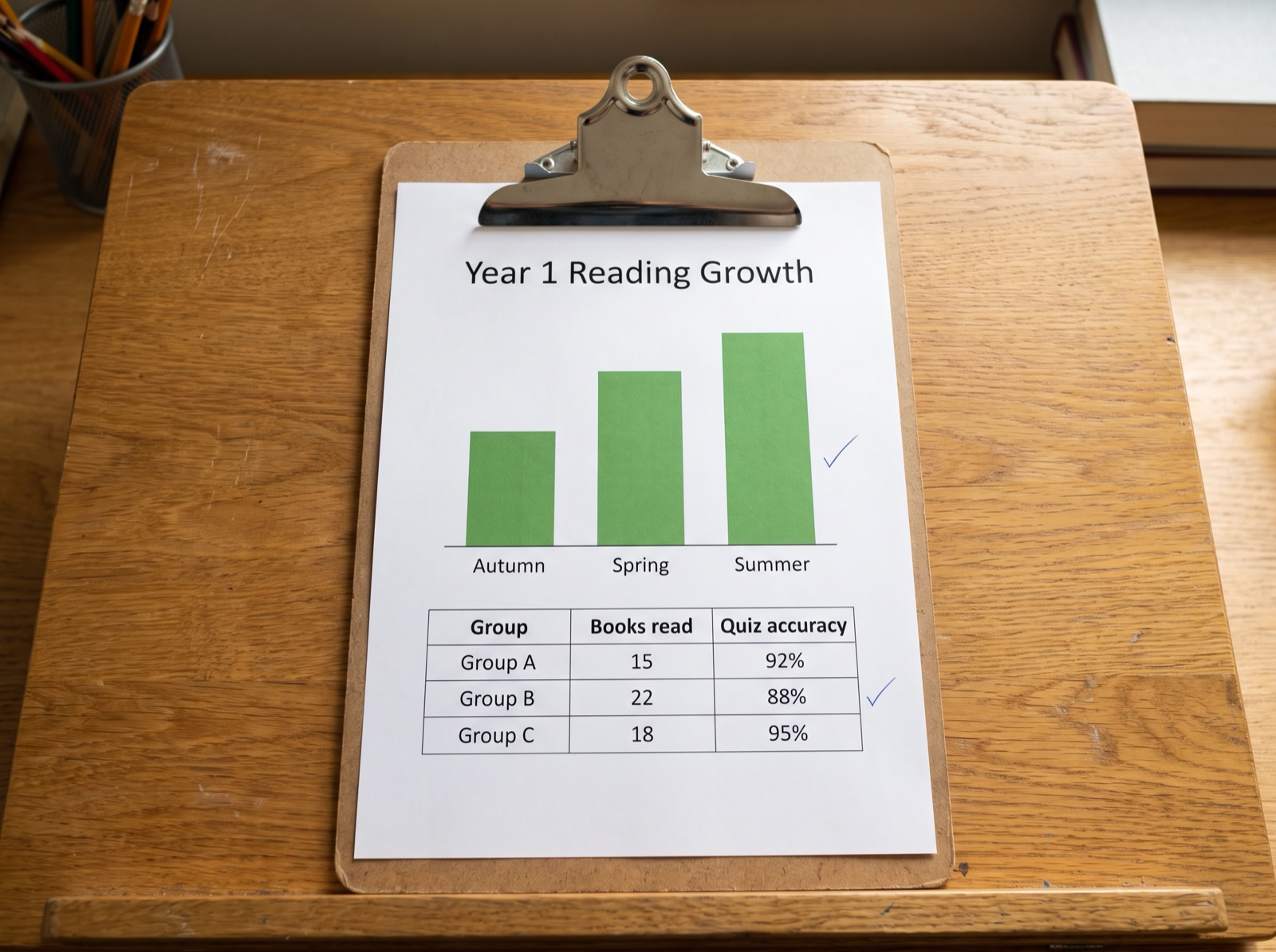 Illustrative Year 1 reading-growth chart and group tracking table used to plan responsively