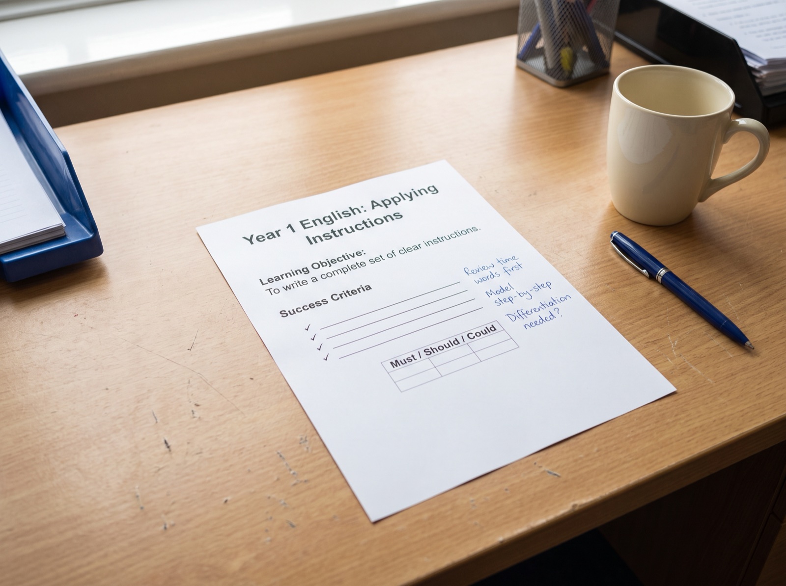 Illustrative Year 1 English lesson plan for Applying Instructions, showing the learning objective, success criteria and must, should, could differentiation