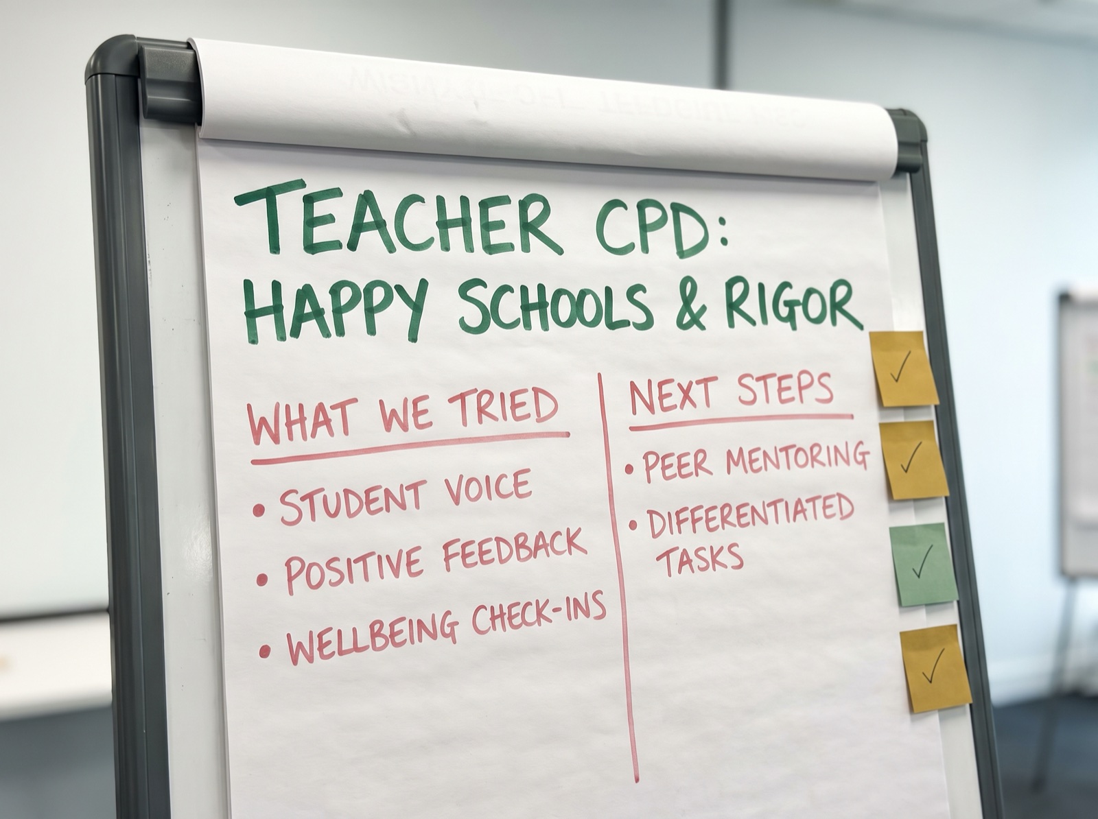 Illustrative professional development flipchart on the Happy Schools and RIGOR frameworks