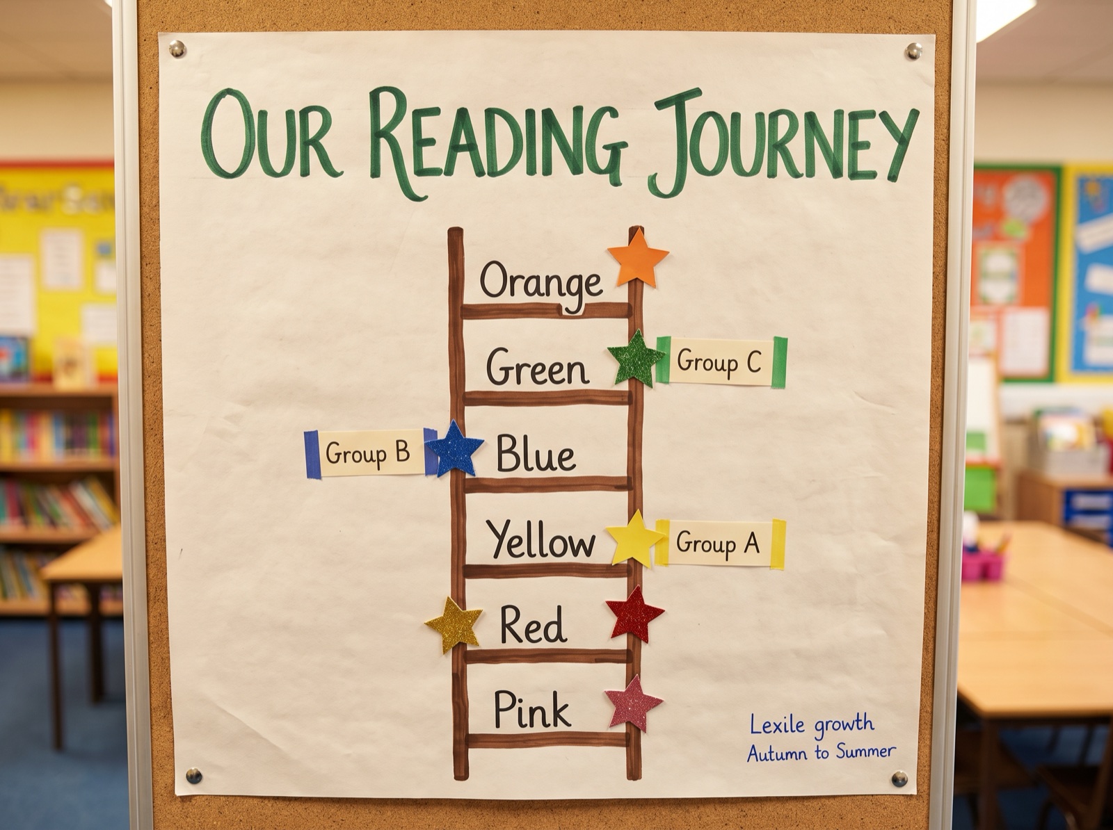 Illustrative classroom reading-journey wall chart tracking group progress up the book bands